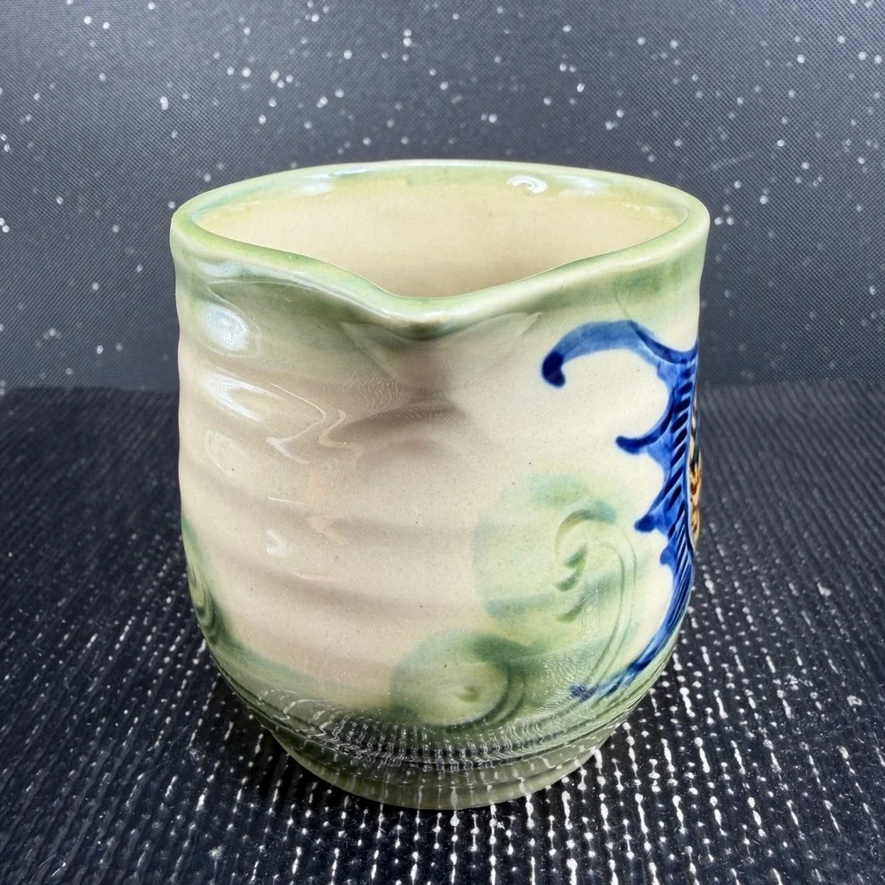 Tsuboya Ware Yachimun Japanese Pottery Creamer and Saucer Set Fish Design 3in